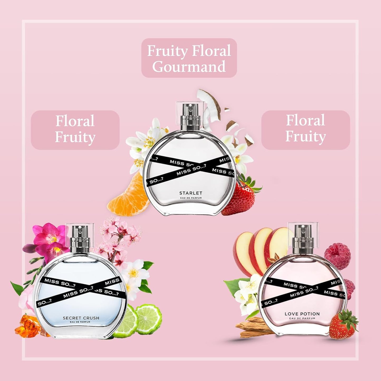 Miss SO…? Premium Womens Perfume Gift Set, Starlet, Love Potion, Secret Crush Eau De Parfum with Long Lasting Fragrance - Travel Size Mini Perfume for Girls, Ladies Gift Sets (3 x 30ml)