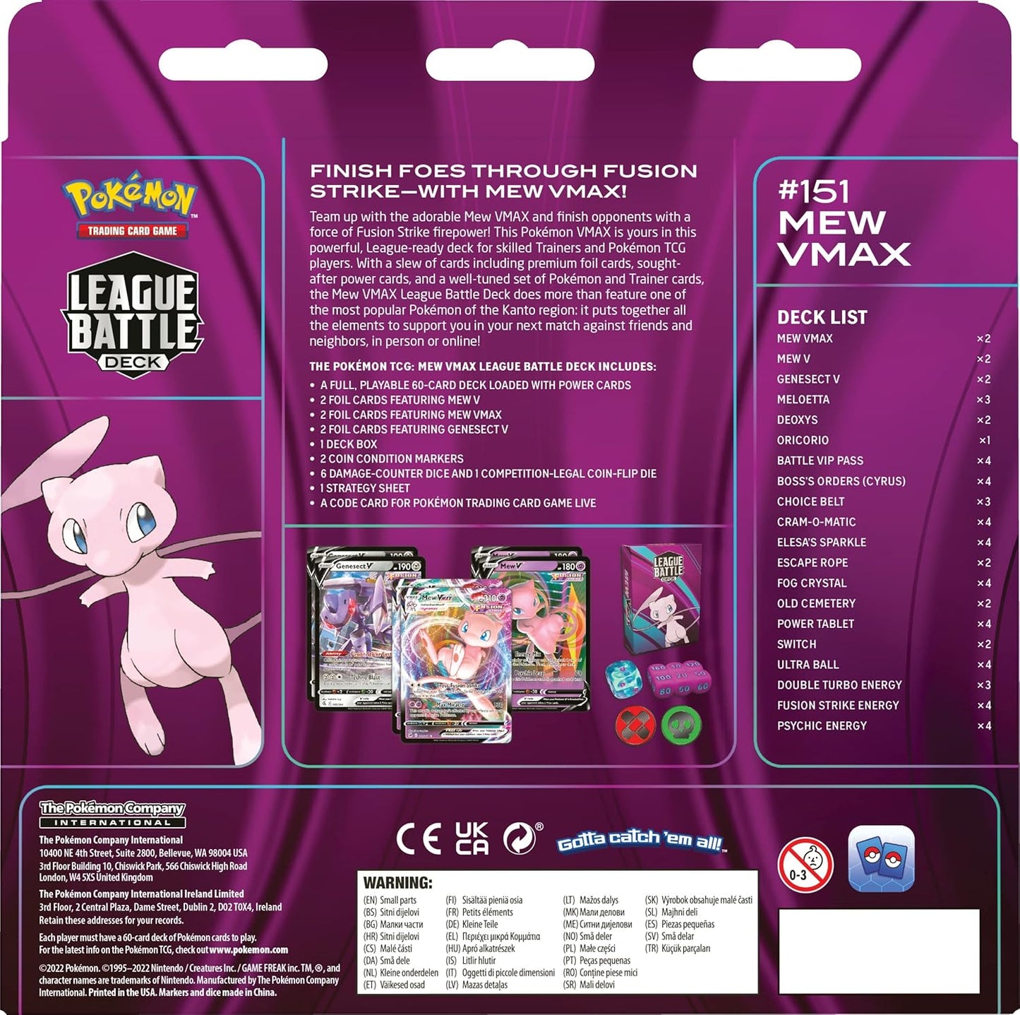 Pokémon TCG Mew VMAX League Battle Deck – 60 Card Ready-to-Play Deck with 4 Foil V Cards & 2 Foil VMAX Cards, Strategy Guide & Accessories