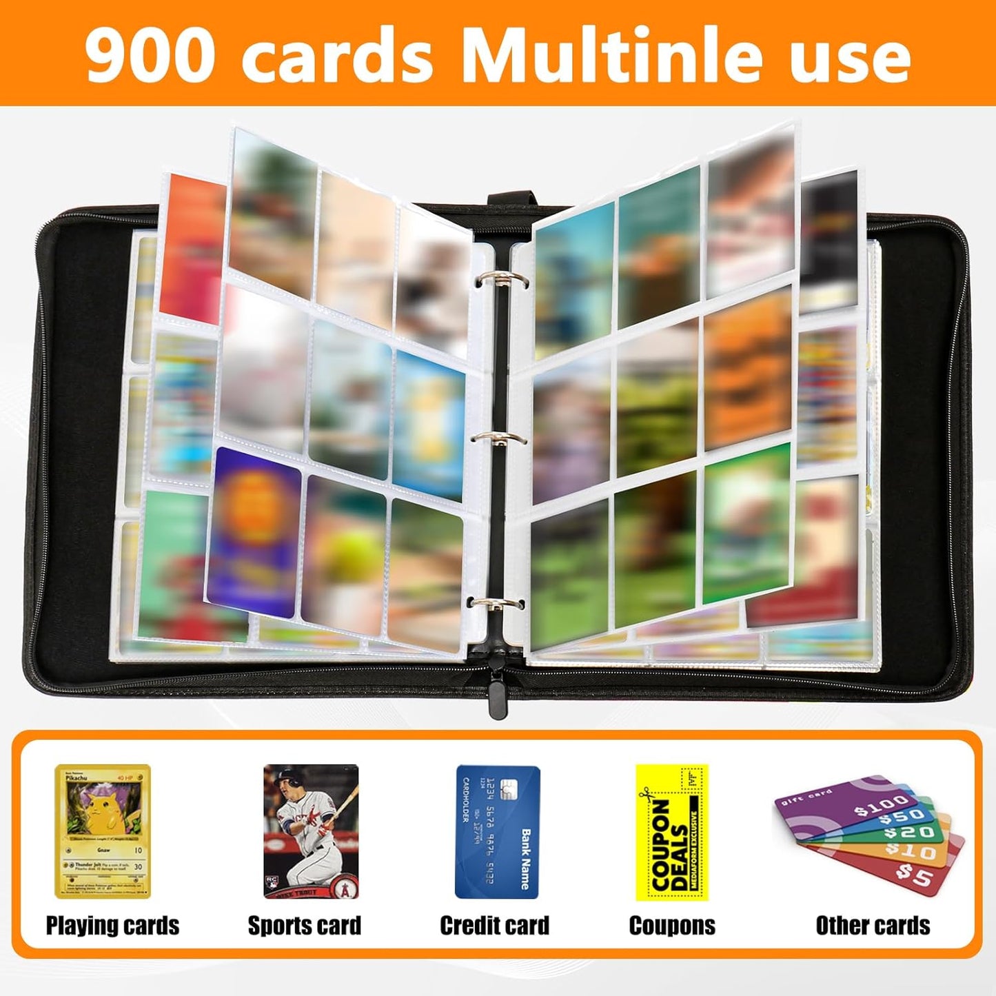 Card Binder 9 Pocket Trading Card Album with Zipper – 900 Pockets, 50 Removable Sleeves Card Collection Binder for Pokémon, Sports & Game Cards | Kids Gift