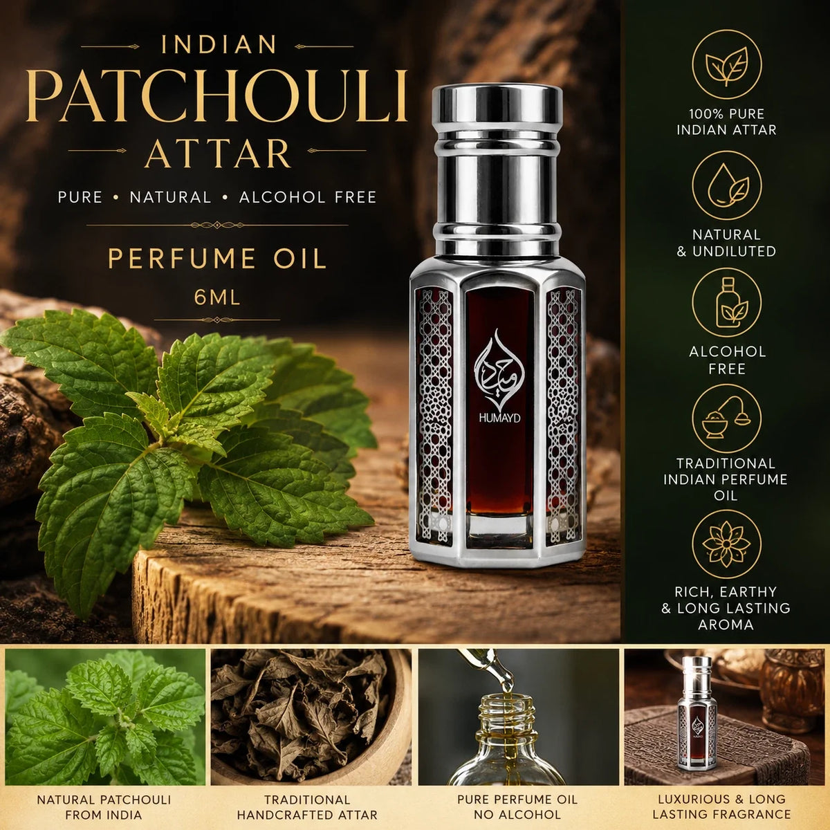 Indian Patchouli Concentrated Perfume Oil - 6ml Roll-On Unisex Attar