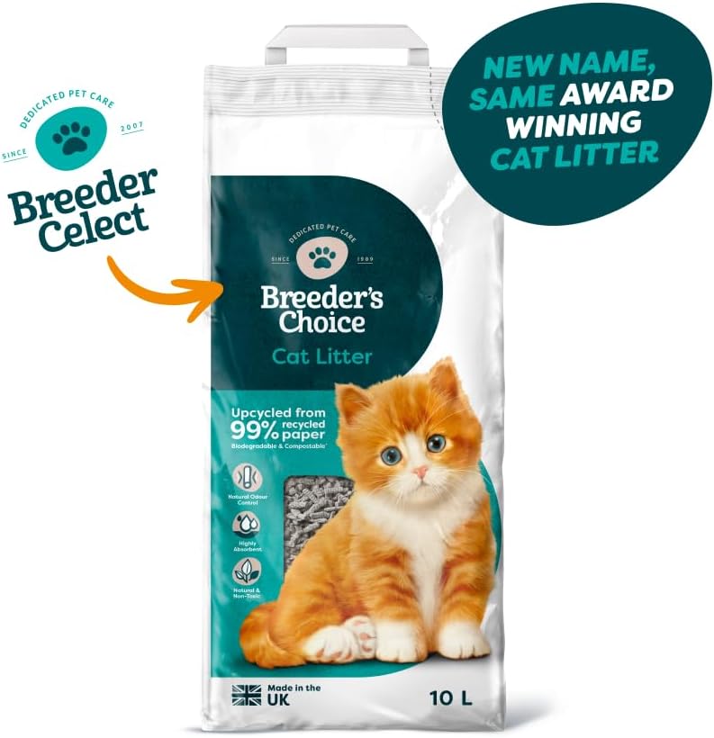 Breeder’s Choice All Natural Cat Litter 10L - Recycled Paper Pellets - Non Clumping - Highly Absorbent - Odor Control Cat Bedding