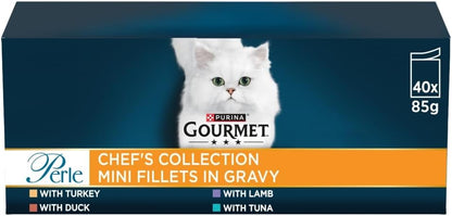 GOURMET Perle Chef's Collection Adult Wet Cat Food Mini Fillets in Gravy Variety Turkey, Tuna, Duck, Lamb 40 x 85g Pouches