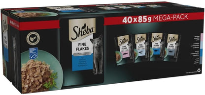 Sheba Fine Flakes in Jelly Fish Collection 40x85g – Wet Cat Food Pouches – Complete Nutrition – No Artificial Additives