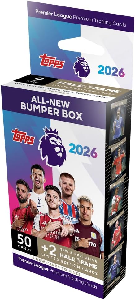 Topps Premier League 2026 Bumper Box – 50 Official Trading Cards + 2 Hall of Fame Limited Edition Cards | Licensed Soccer Card Collection