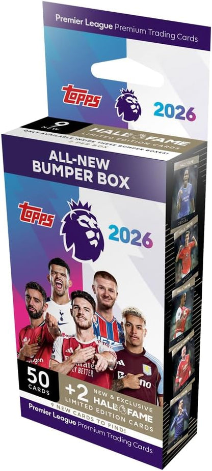 Topps Premier League 2026 Bumper Box – 50 Official Trading Cards + 2 Hall of Fame Limited Edition Cards | Licensed Soccer Card Collection