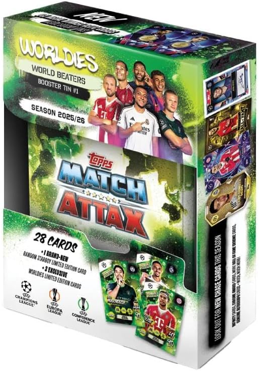 Topps Match Attax 2025/26 Mini Tin Bundle (4 Tins) – World Beaters, Global Goalscorers, Homegrown Heroes & International Icons | UEFA Trading Cards