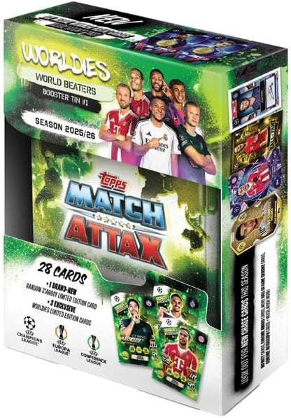 Topps Match Attax 2025/26 Mini Tin Bundle (4 Tins) – World Beaters, Global Goalscorers, Homegrown Heroes & International Icons | UEFA Trading Cards