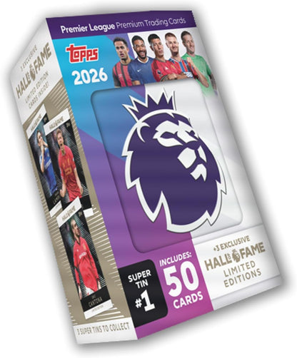 Topps Premier League 2026 Debut Edition Hall of Fame Super Tin #1 | 50 Football Trading Cards + 3 Limited Edition Hall of Fame Cards | Official EPL