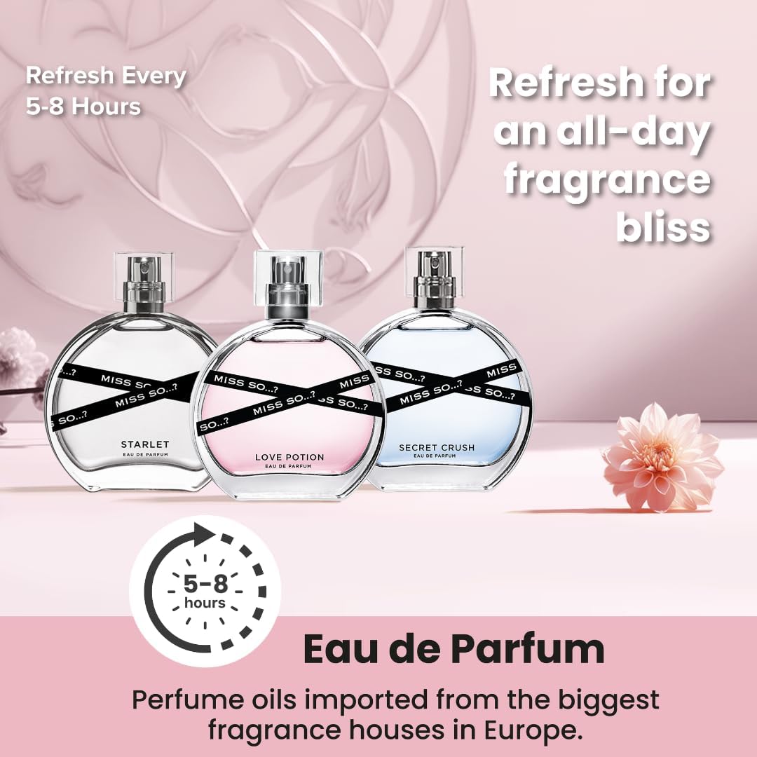 Miss SO…? Premium Womens Perfume Gift Set, Starlet, Love Potion, Secret Crush Eau De Parfum with Long Lasting Fragrance - Travel Size Mini Perfume for Girls, Ladies Gift Sets (3 x 30ml)