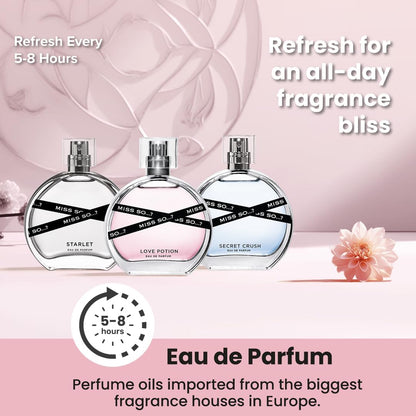 Miss SO…? Premium Womens Perfume Gift Set, Starlet, Love Potion, Secret Crush Eau De Parfum with Long Lasting Fragrance - Travel Size Mini Perfume for Girls, Ladies Gift Sets (3 x 30ml)