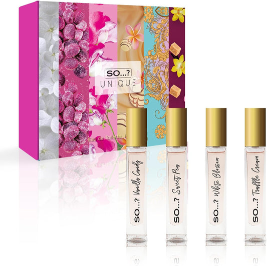 So…? Unique Premium Womens Perfume Gift Set, Vanilla Candy, Sweet Pea, White Blossom, Truffle Cream, Eau De Toilette with Long Lasting Fragrance - Travel Size Mini Perfume for Girls (4 x 14ml)