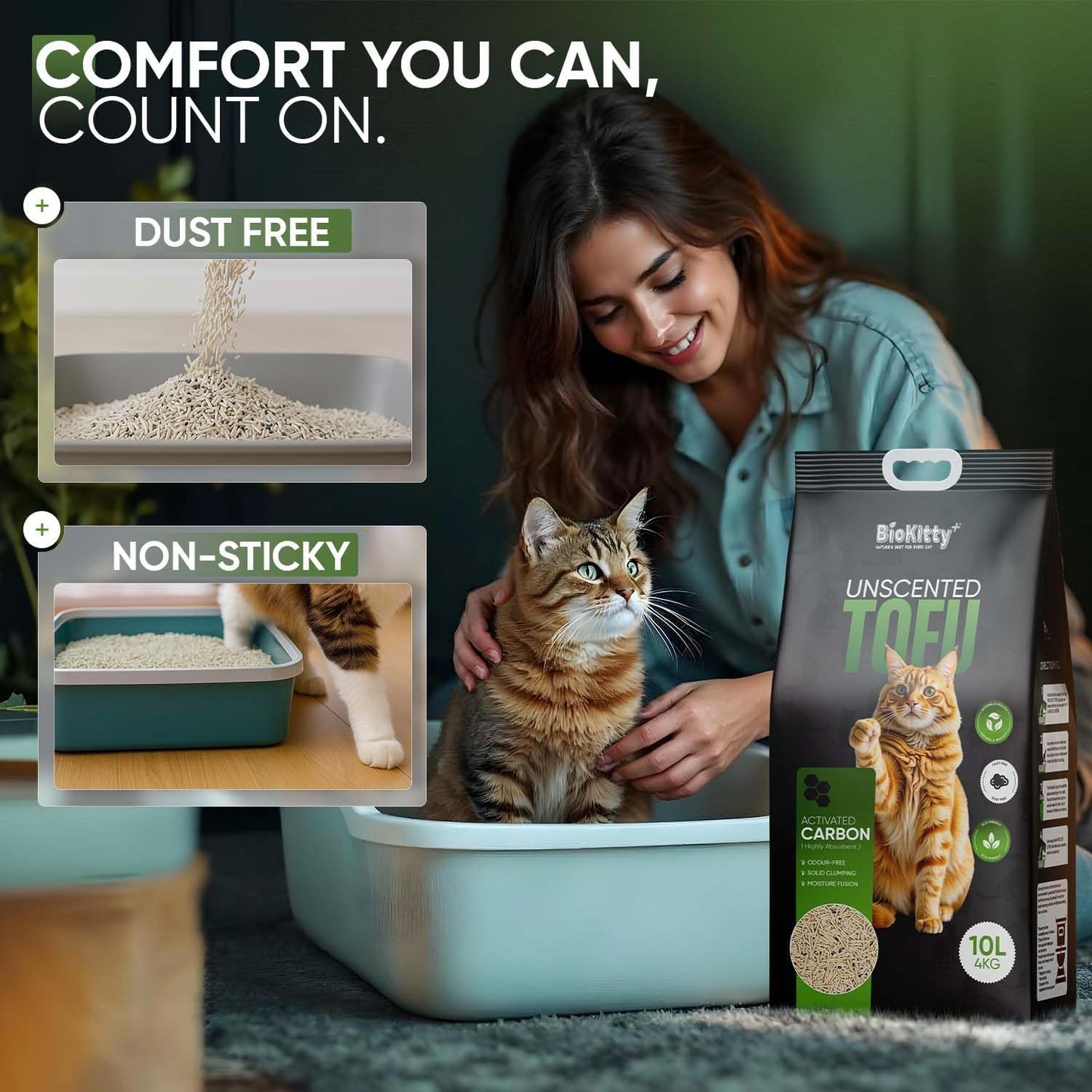 Tofu Clumping Cat Litter 10L – Unscented – Activated Carbon – Ultra Absorbent – Flushable Eco Friendly Cat Litter Pack of 1