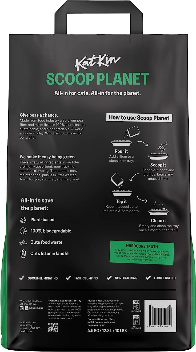 KatKin Scoop Planet Litter (2x4.5kg/12.8L bag): KatKin's upgraded Tofu litter, Plant-Based, 100% Biodegradable, Non-Tracking, Clumping Cat Litter Made With Non-Toxic, Eco-Friendly Pea fibre & Millet
