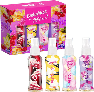 SO? Body Mist By So? Womens Mini Mist Body Mist Gift Set, with Red Velvet, Vanilla, Candy Floss & Sweet Pea, Fragrance Spray Set, (4x50ml)