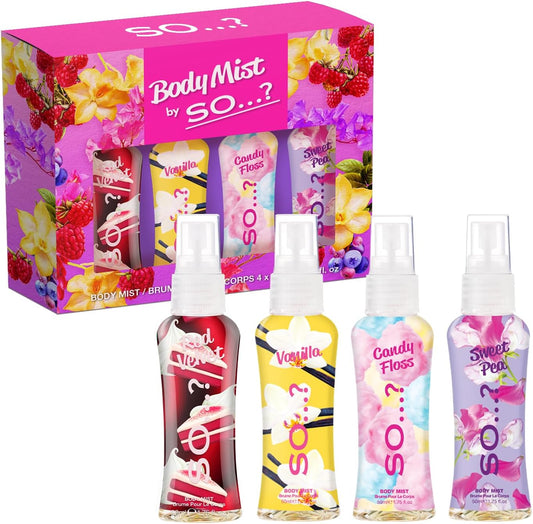 SO? Body Mist By So? Womens Mini Mist Body Mist Gift Set, with Red Velvet, Vanilla, Candy Floss & Sweet Pea, Fragrance Spray Set, (4x50ml)