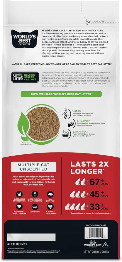 WORLD'S BEST CAT LITTER Multiple Cat Unscented 28lb Pack of One - Natural Corn Clumping Flushable 99 Percent Dust Free Cat Litter