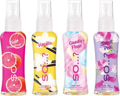 Body Mist By So…? Womens Mini Body Mist Gift Set, with Pink Grapefruit, Vanilla, Candy Floss & Sweet Pea, Fragrance Spray Set (4x50ml)