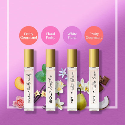 So…? Unique Premium Womens Perfume Gift Set, Vanilla Candy, Sweet Pea, White Blossom, Truffle Cream, Eau De Toilette with Long Lasting Fragrance - Travel Size Mini Perfume for Girls (4 x 14ml)