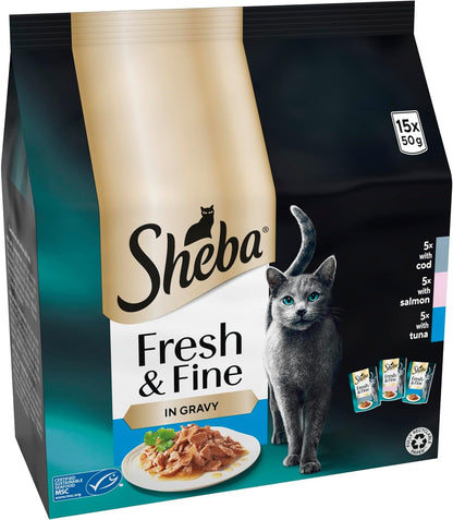 Sheba Cat Wet Food - Fresh and Fine - Cat Pouches Fish in Gravy - 3 x 15 x 50 g