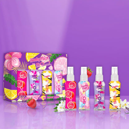 Body Mist By So…? Womens Mini Body Mist Gift Set, with Pink Grapefruit, Vanilla, Candy Floss & Sweet Pea, Fragrance Spray Set (4x50ml)