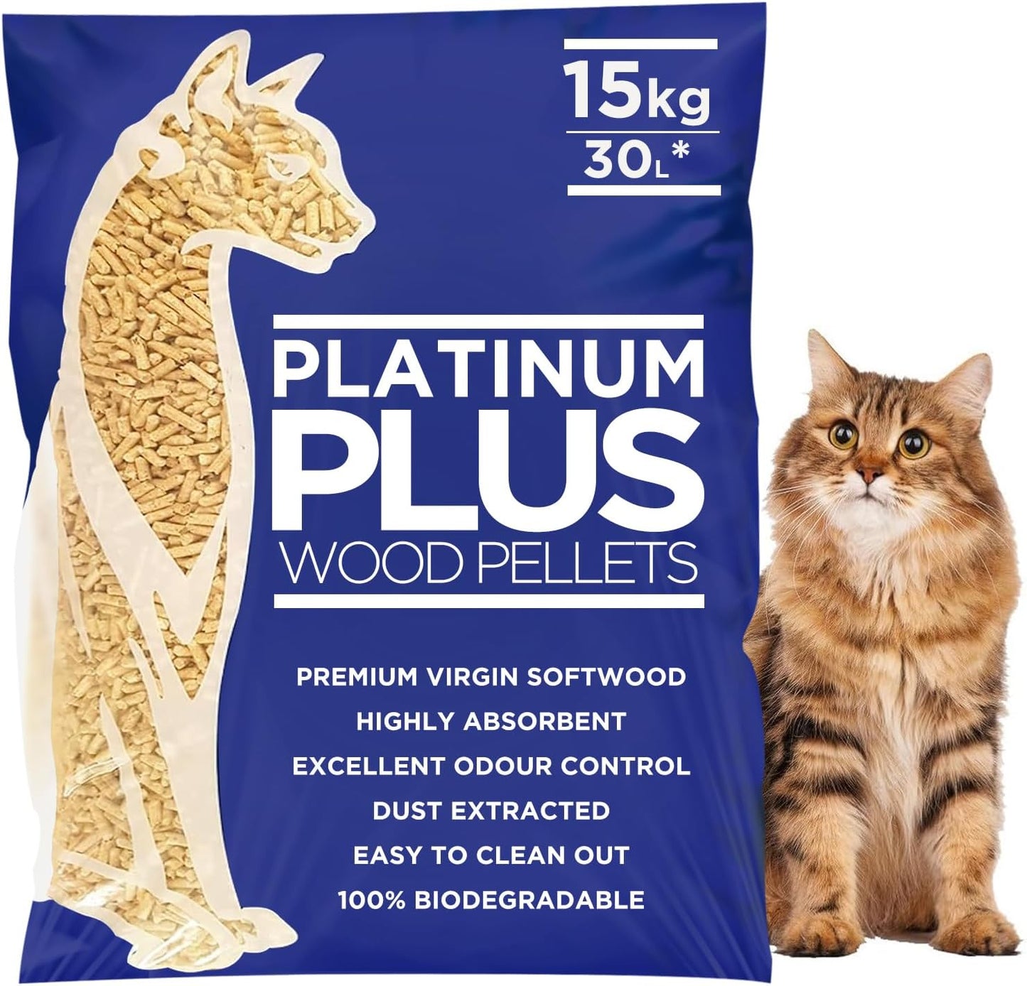 Platinum Plus Cat Litter 30L - Premium Natural Wood Pellets - Odor Control - Biodegradable Dust Free Softwood Cat Litter