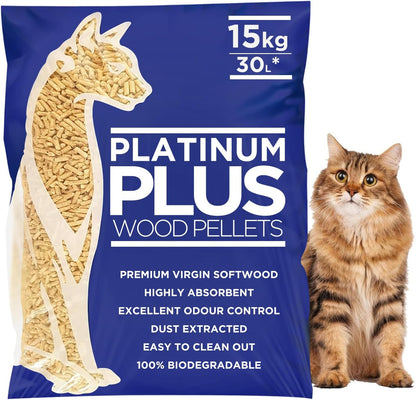 Platinum Plus Cat Litter 30L - Premium Natural Wood Pellets - Odor Control - Biodegradable Dust Free Softwood Cat Litter