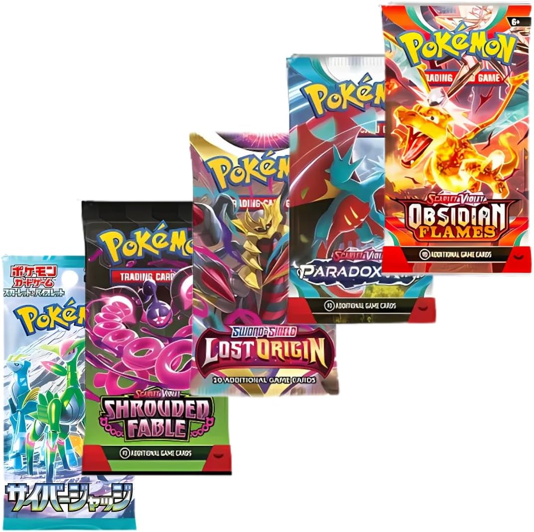 Mega Pokemon Card Booster Pack Gift Bundle | 5 Booster Packs | Sword and Shield | Scarlet and Violet | Pokémon Gift Set | 4 Assorted Pokemon Booster Packs + 1 Japanese Pokemon Card Pack