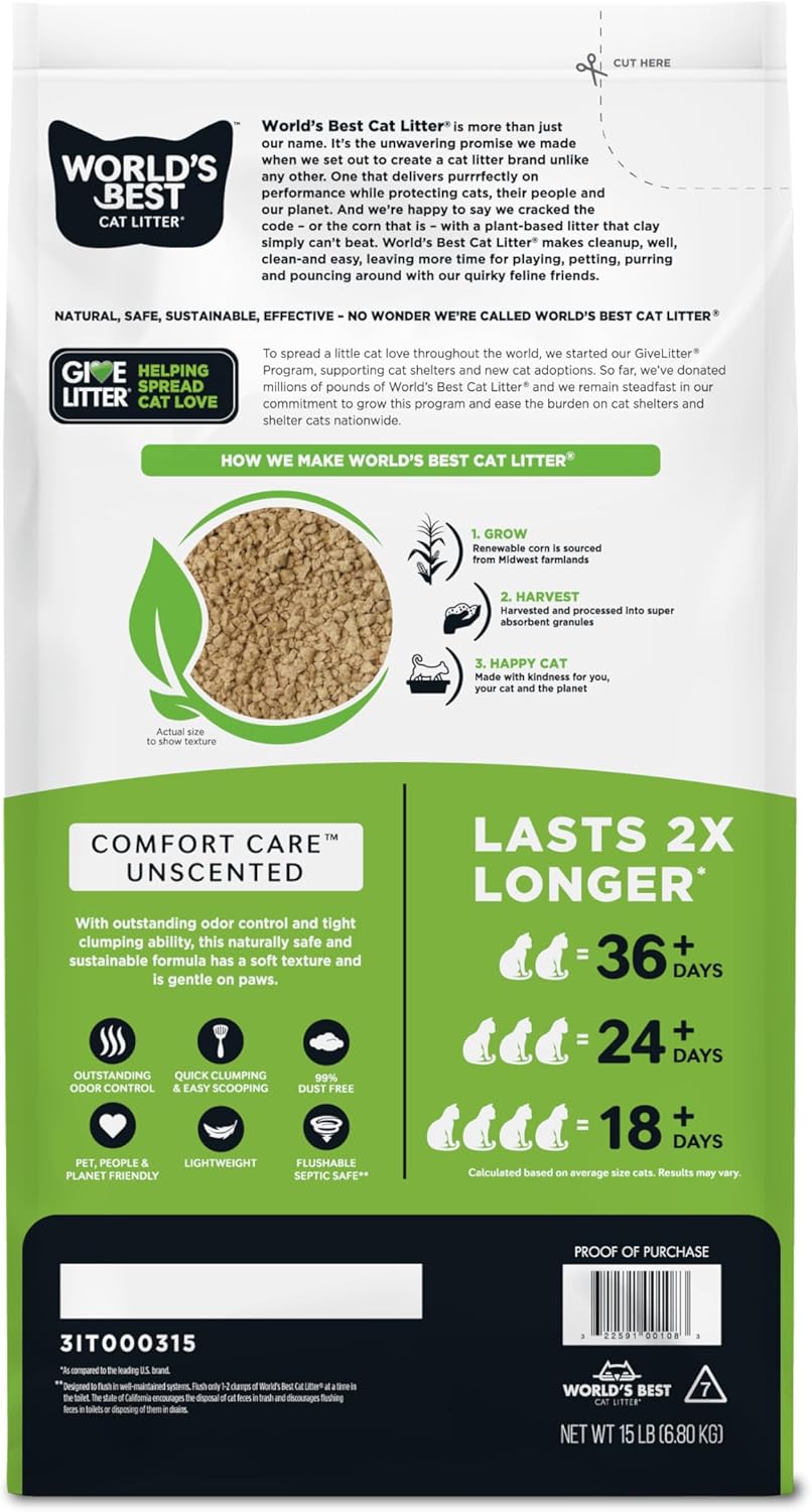 World’s Best Cat Litter Comfort Care Unscented 15lb (6.8kg) – Natural Corn Clumping Flushable Cat Litter – 99% Dust Free – Odour Control