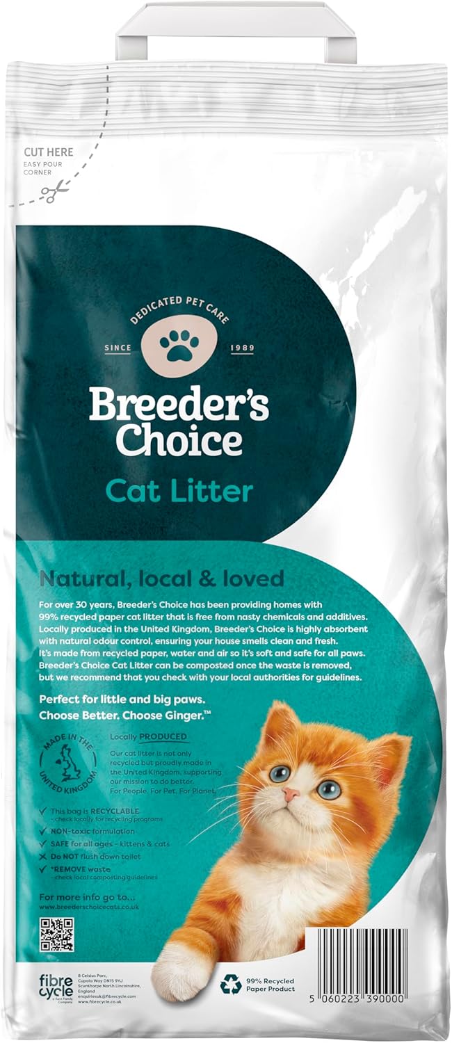 Breeder’s Choice All Natural Cat Litter 10L - Recycled Paper Pellets - Non Clumping - Highly Absorbent - Odor Control Cat Bedding