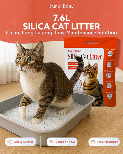 Fur & Bone Silica Cat Litter 7.6L - Crystal Non Clumping - Ultra Absorbent Fast Drying - Low Dust Odor Control Cat Litter