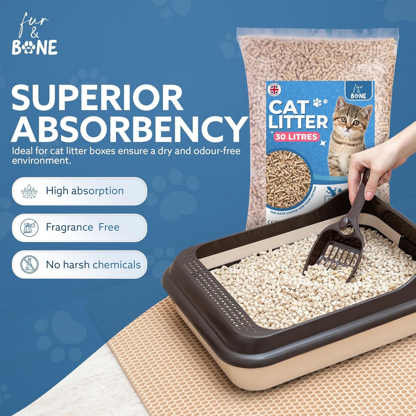 Fur & Bone Cat Litter - Ultra Absorbent Wooden Pellets - Biodegradable - Odor Control - Soft Natural Bedding - 1 x 30L