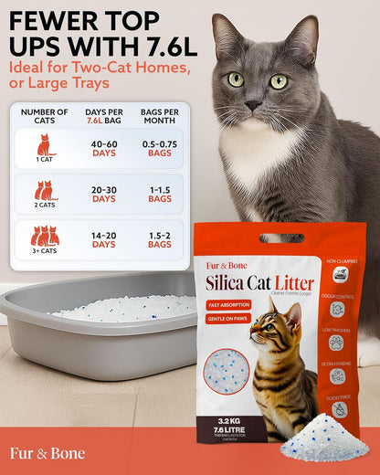 Fur & Bone Silica Cat Litter 7.6L - Crystal Non Clumping - Ultra Absorbent Fast Drying - Low Dust Odor Control Cat Litter