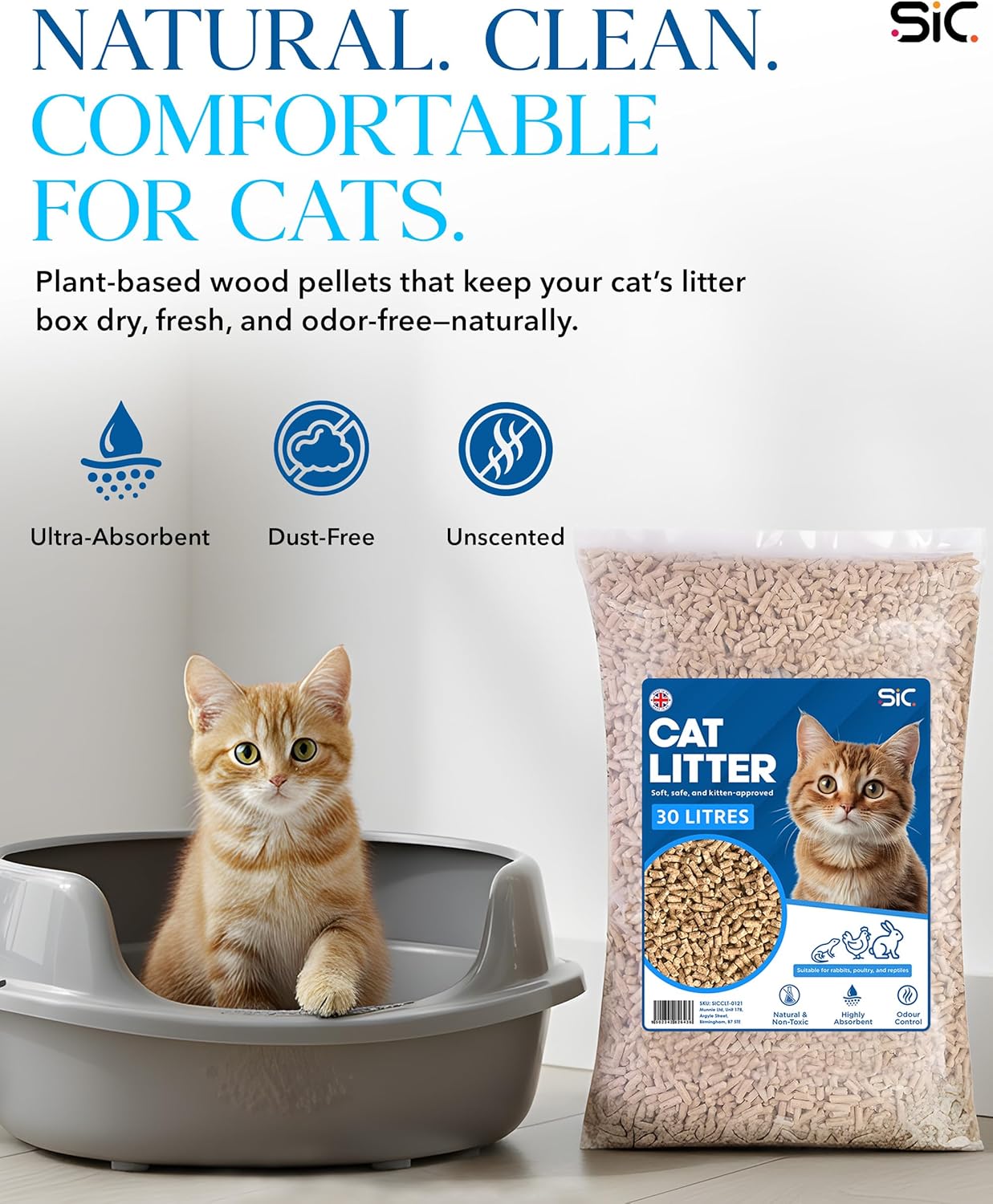 SIC Cat Litter 30L - Biodegradable Wood Pellet - Non Clumping - Dust Free Unscented - Odor Control Natural Cat Litter