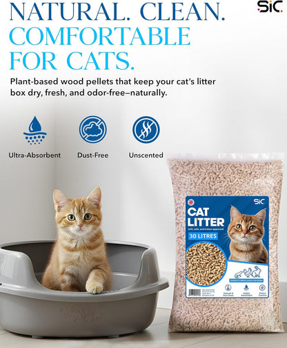 SIC Cat Litter 30L - Biodegradable Wood Pellet - Non Clumping - Dust Free Unscented - Odor Control Natural Cat Litter