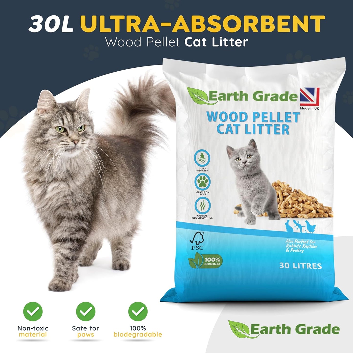 30L Premium Wood Pellet Cat Litter – Ultra Absorbent – Biodegradable – Natural Pine Wood Cat and Kitten Litter
