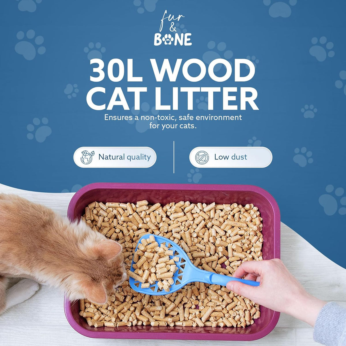 Fur & Bone Cat Litter - Ultra Absorbent Wooden Pellets - Biodegradable - Odor Control - Soft Natural Bedding - 1 x 30L