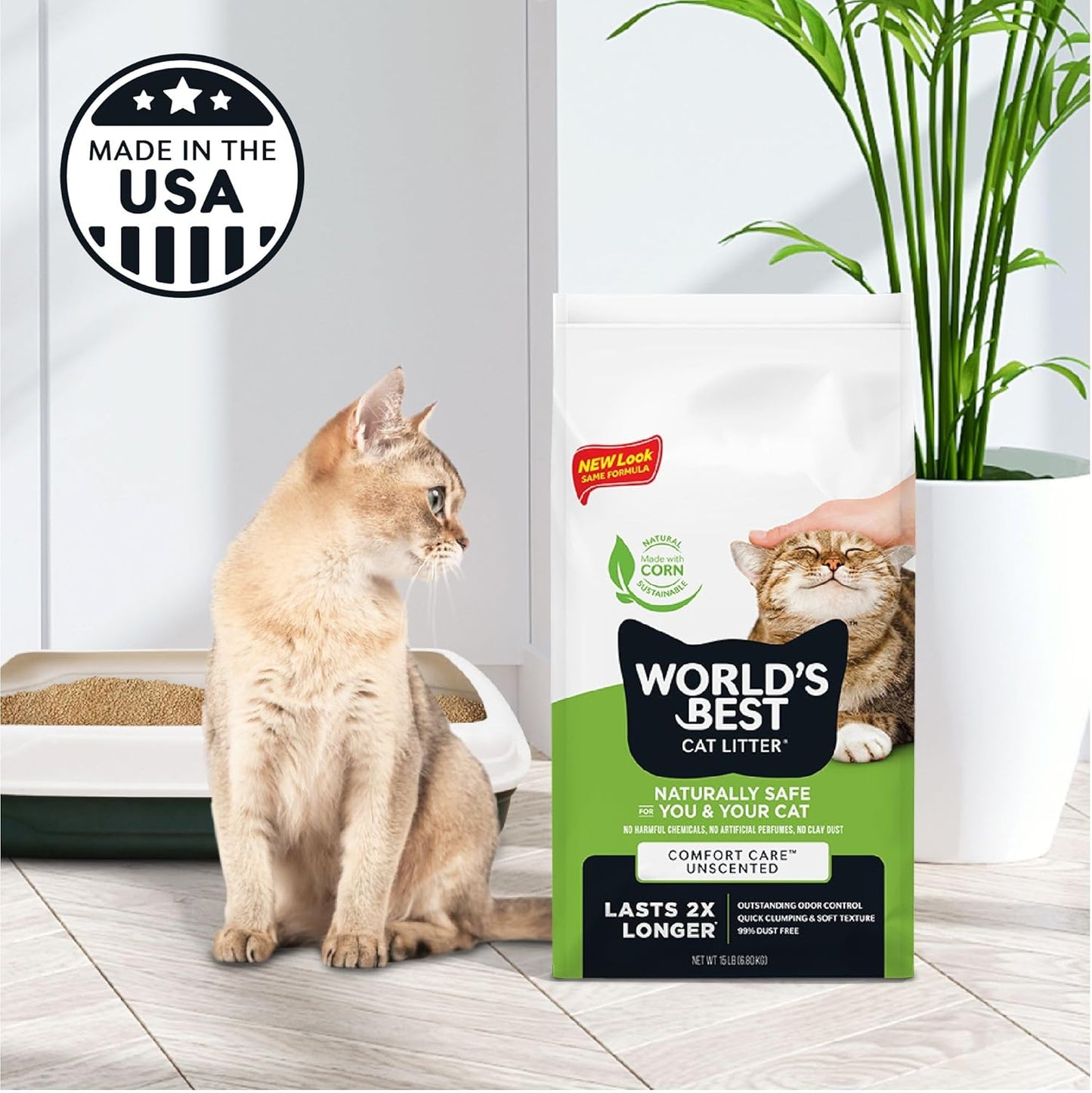 World’s Best Cat Litter Comfort Care Unscented 15lb (6.8kg) – Natural Corn Clumping Flushable Cat Litter – 99% Dust Free – Odour Control