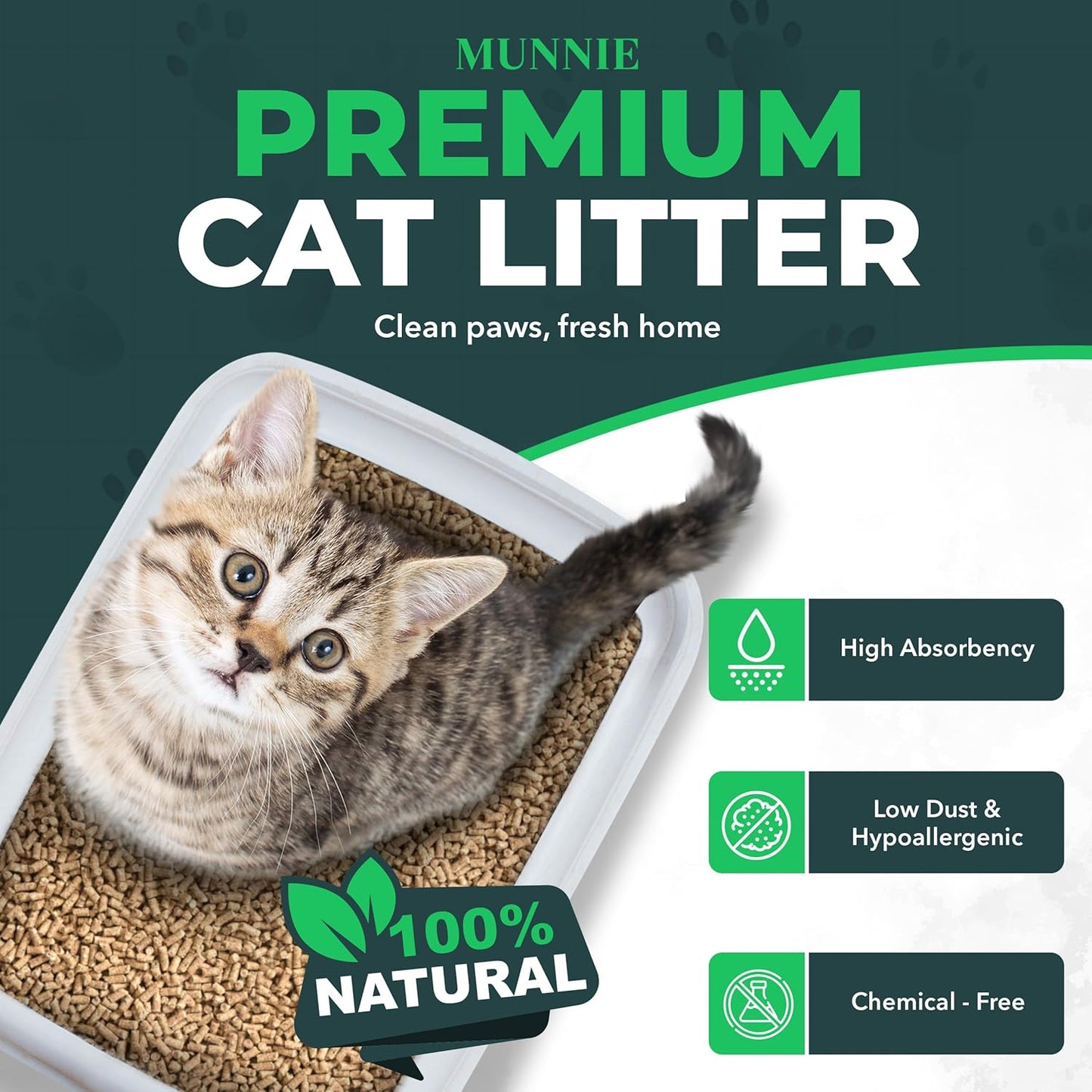 Munnie Cat Litter 30L - Ultra Absorbent Wood Pellets - Biodegradable Non Clumping - Dust Free Unscented - Odor Control Cat Litter