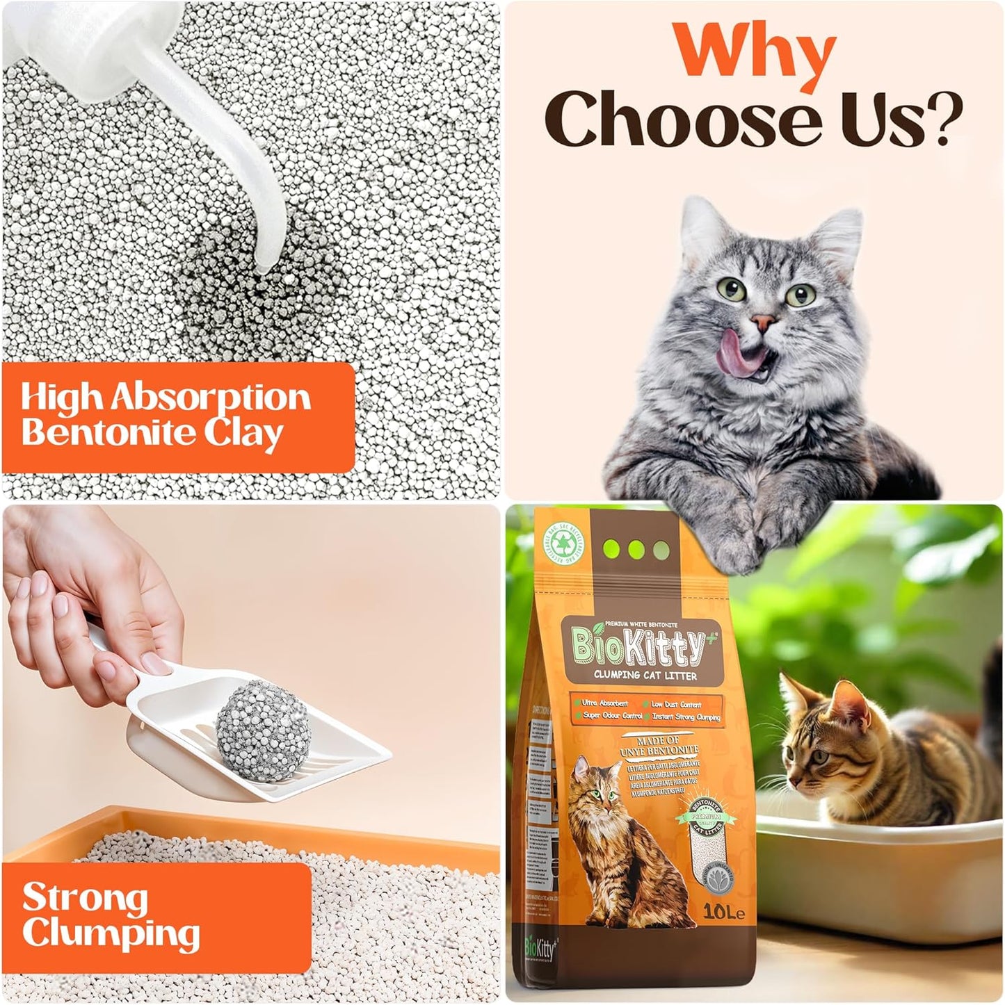 BioKitty Clumping Cat Litter 10L – Unscented – Natural Bentonite Minerals – Strong Clumping – Odor Control – Dust Free Cat Litter Pack of 1