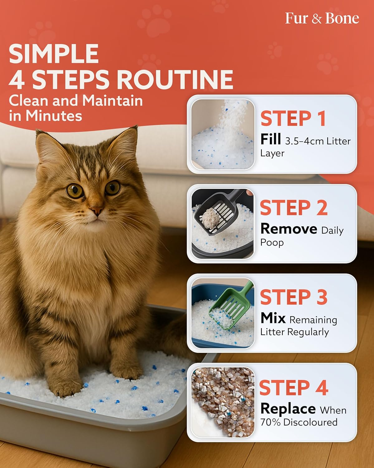 Fur & Bone Silica Cat Litter 7.6L - Crystal Non Clumping - Ultra Absorbent Fast Drying - Low Dust Odor Control Cat Litter