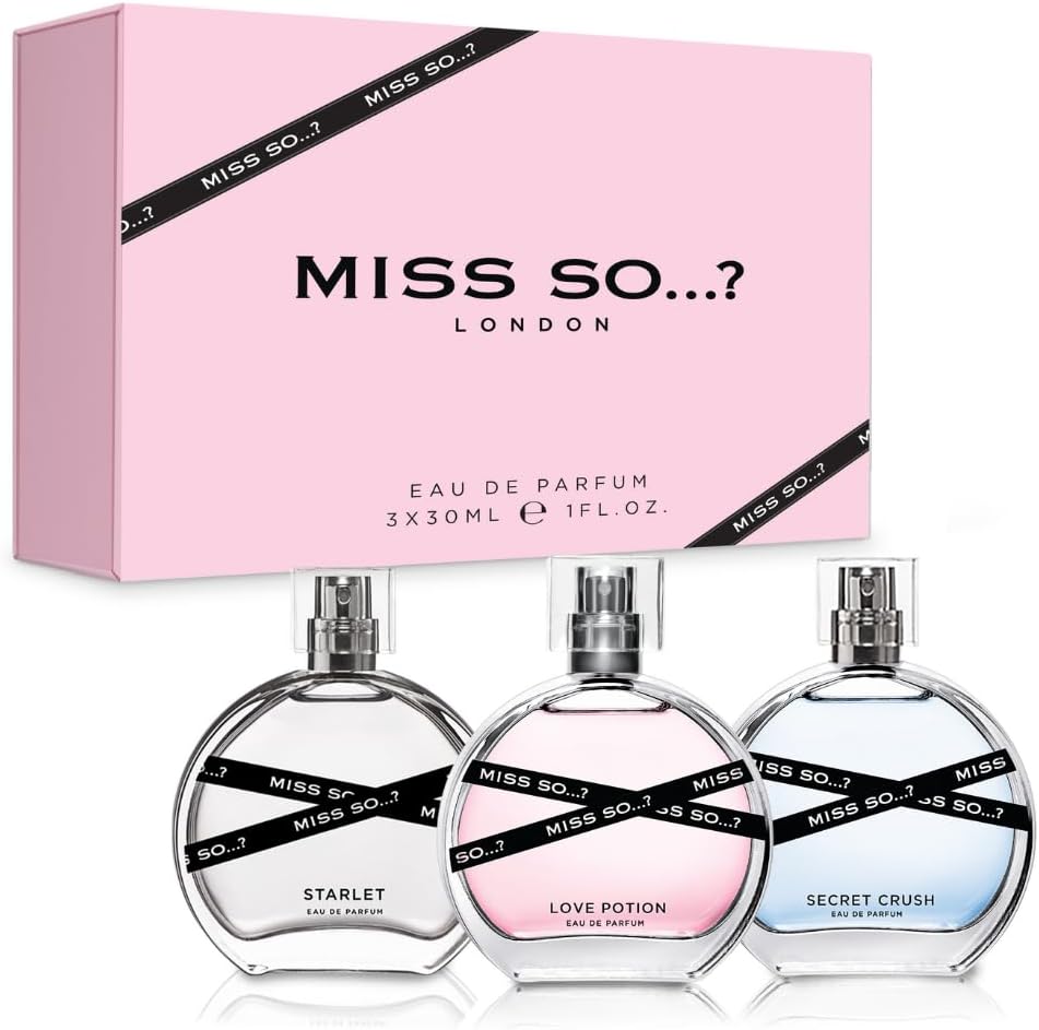 Miss SO…? Premium Womens Perfume Gift Set, Starlet, Love Potion, Secret Crush Eau De Parfum with Long Lasting Fragrance - Travel Size Mini Perfume for Girls, Ladies Gift Sets (3 x 30ml)