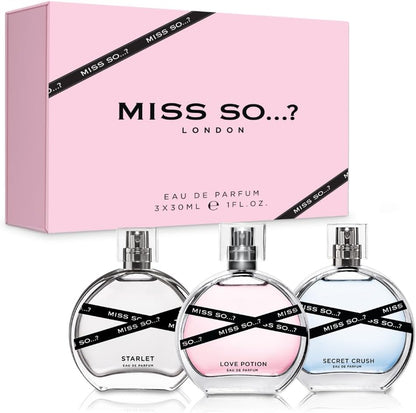 Miss SO…? Premium Womens Perfume Gift Set, Starlet, Love Potion, Secret Crush Eau De Parfum with Long Lasting Fragrance - Travel Size Mini Perfume for Girls, Ladies Gift Sets (3 x 30ml)