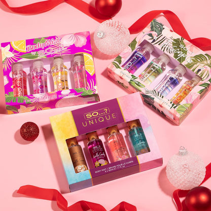 Body Mist By So…? Womens Mini Body Mist Gift Set, with Pink Grapefruit, Vanilla, Candy Floss & Sweet Pea, Fragrance Spray Set (4x50ml)