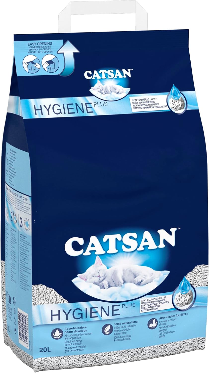 Catsan Hygiene Plus Cat Litter 20L - Natural Non-Clumping - Odor Control - Highly Absorbent Cat Sand