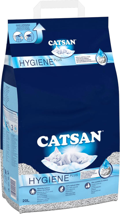 Catsan Hygiene Plus Cat Litter 20L - Natural Non-Clumping - Odor Control - Highly Absorbent Cat Sand