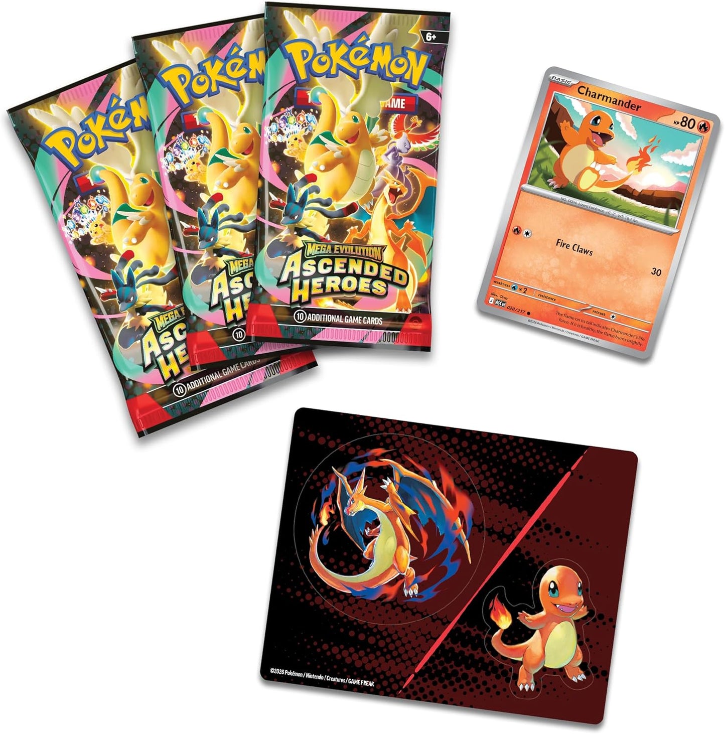 Pokémon TCG Mega Evolution Ascended Heroes Tech Sticker Collection Charmander Foil Promo Card with 3 Booster Packs & Pokémon Stickers