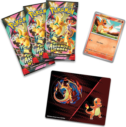 Pokémon TCG Mega Evolution Ascended Heroes Tech Sticker Collection Charmander Foil Promo Card with 3 Booster Packs & Pokémon Stickers