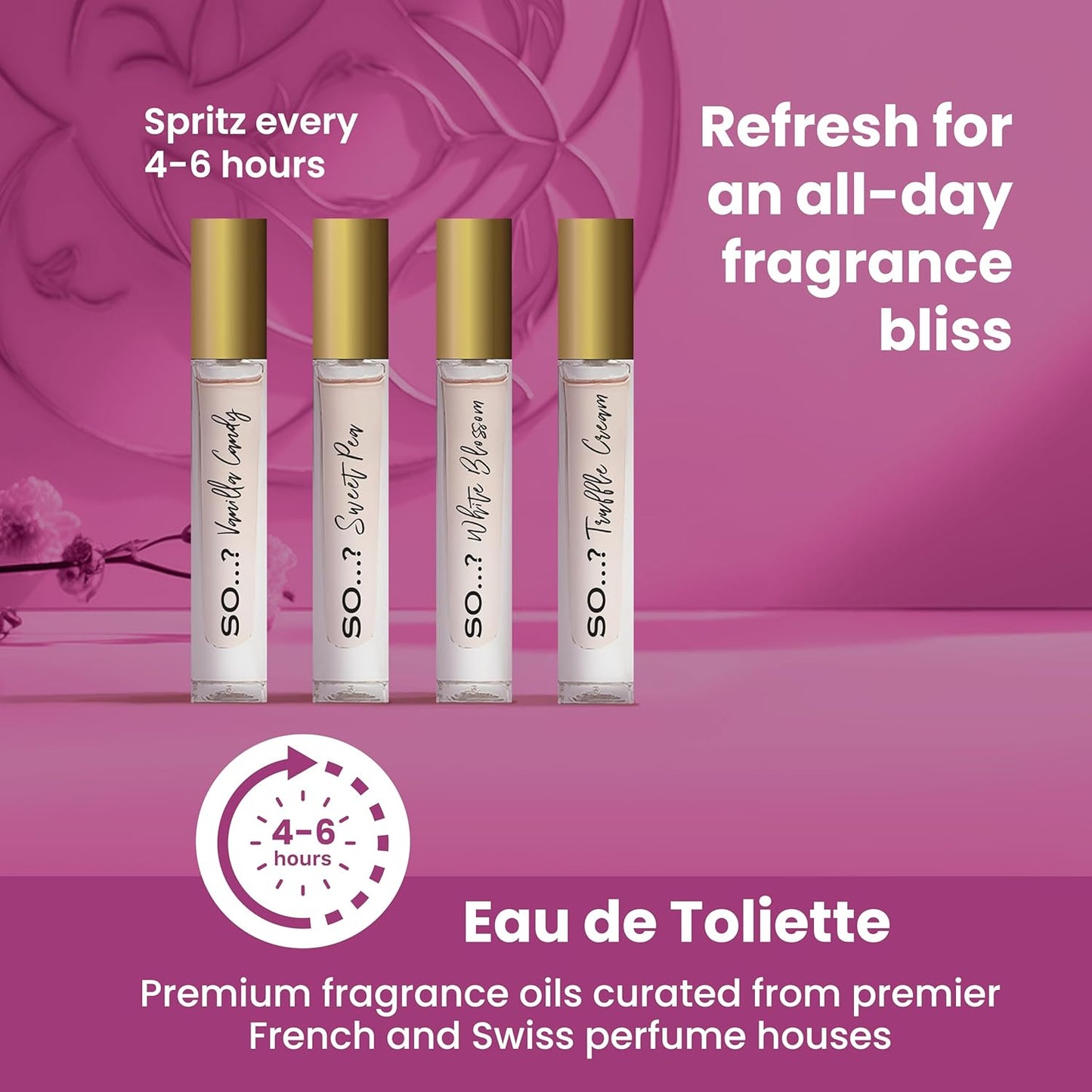So…? Unique Premium Womens Perfume Gift Set, Vanilla Candy, Sweet Pea, White Blossom, Truffle Cream, Eau De Toilette with Long Lasting Fragrance - Travel Size Mini Perfume for Girls (4 x 14ml)