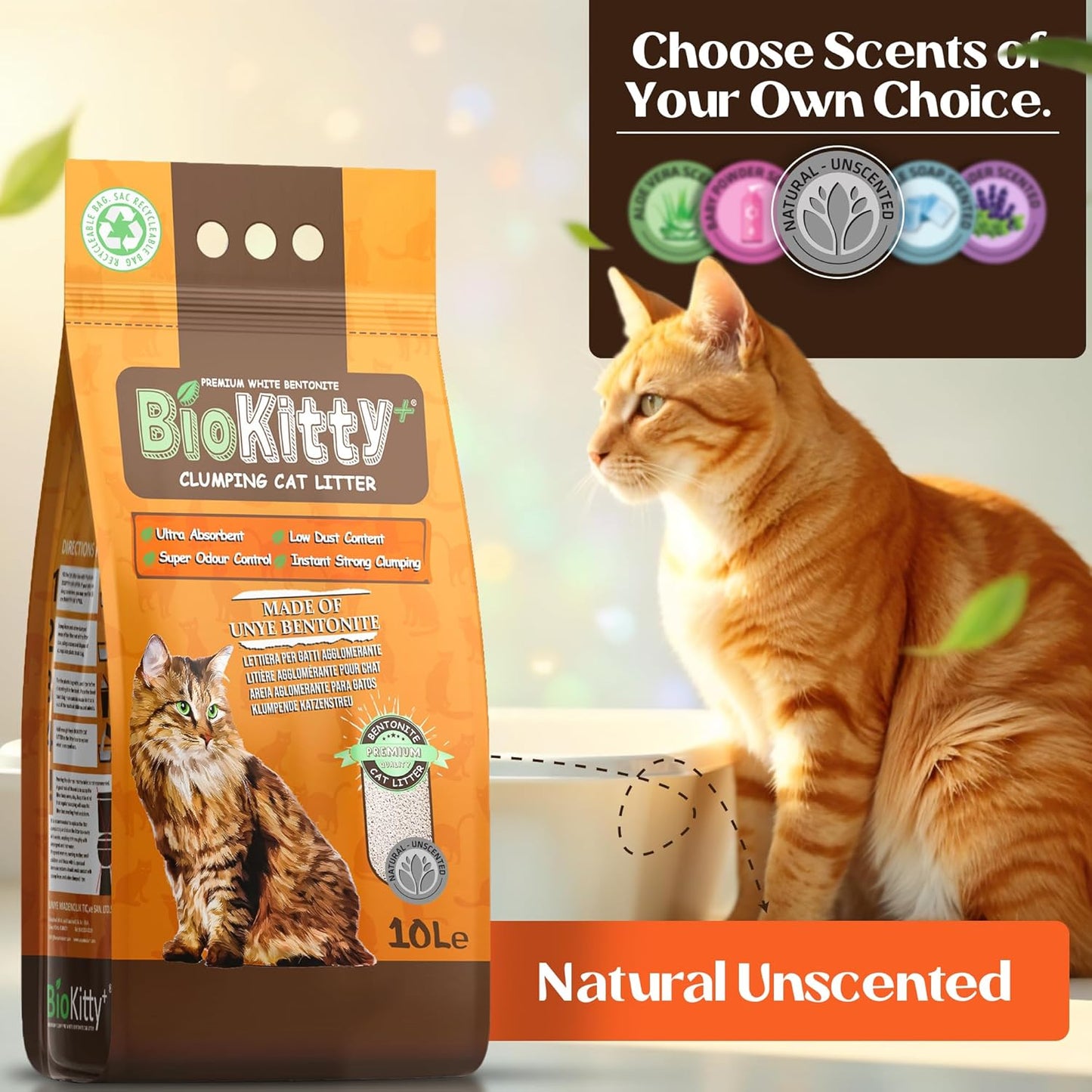 BioKitty Clumping Cat Litter 10L – Unscented – Natural Bentonite Minerals – Strong Clumping – Odor Control – Dust Free Cat Litter Pack of 1