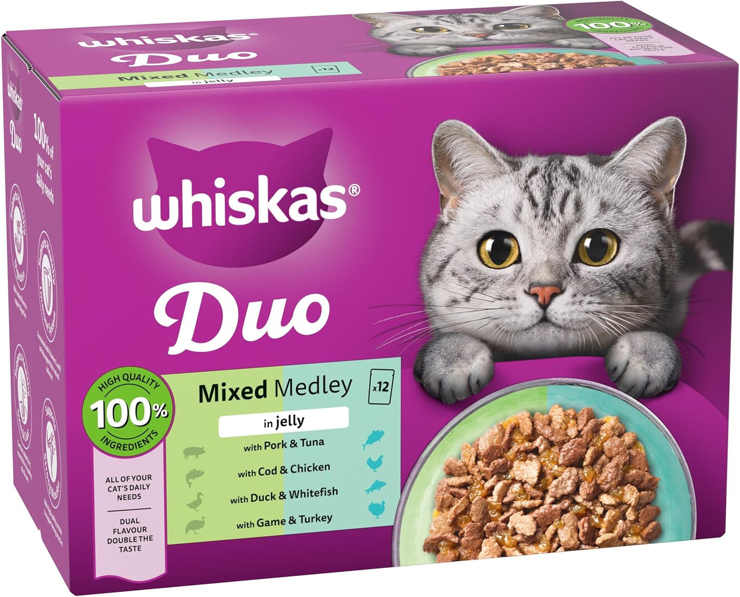 WHISKAS DUO Adult Wet Cat Food in Jelly 12x85g Pack of 4 Mixed Medley – Dual Flavour Meal